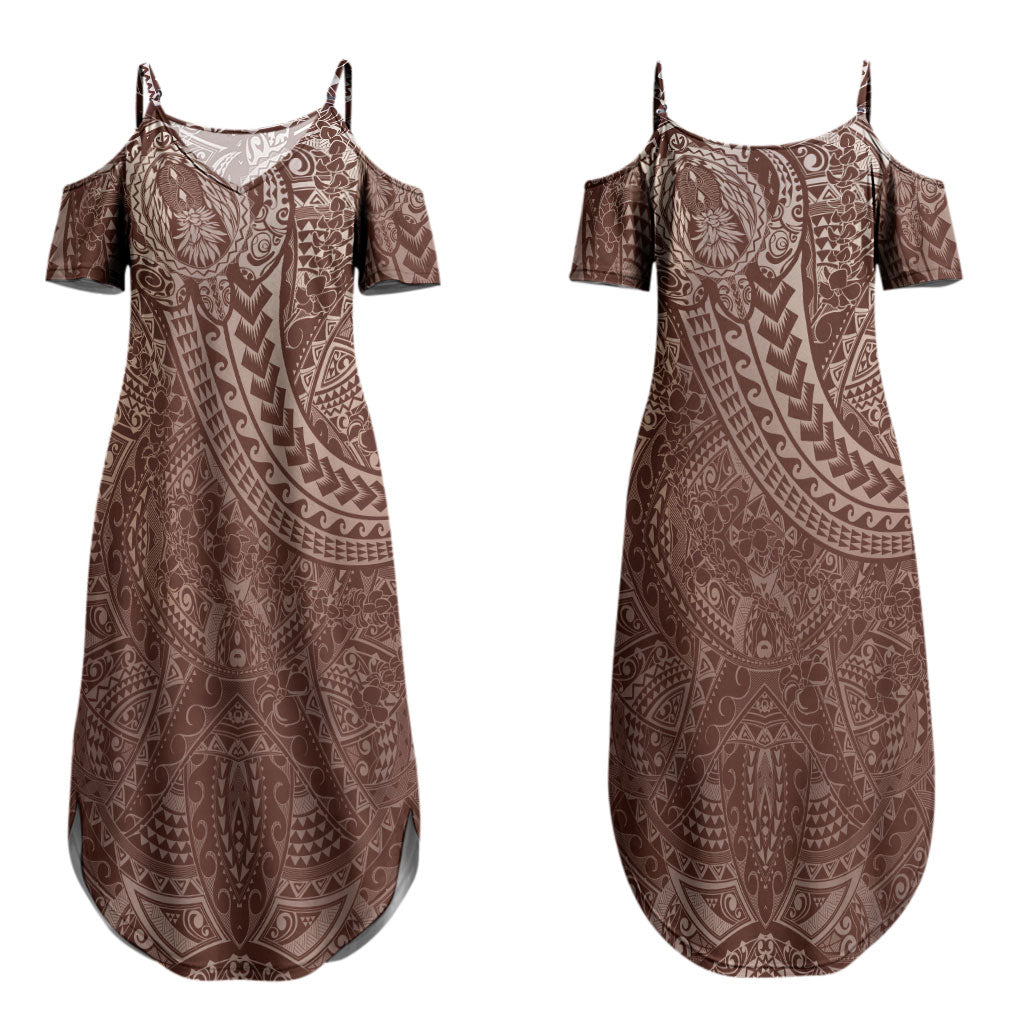 Hawaiian Turtles and Leis Couples Matching Summer Maxi Dress and Long Sleeve Button Shirt Tribal Kakau Pattern Mocha Mousse Color LT03 - Polynesian Pride