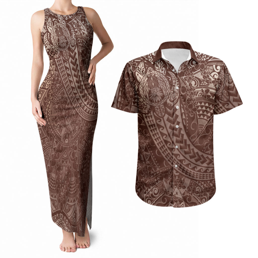 Hawaiian Turtles and Leis Couples Matching Tank Maxi Dress and Hawaiian Shirt Tribal Kakau Pattern Mocha Mousse Color LT03 Mocha Mousse - Polynesian Pride