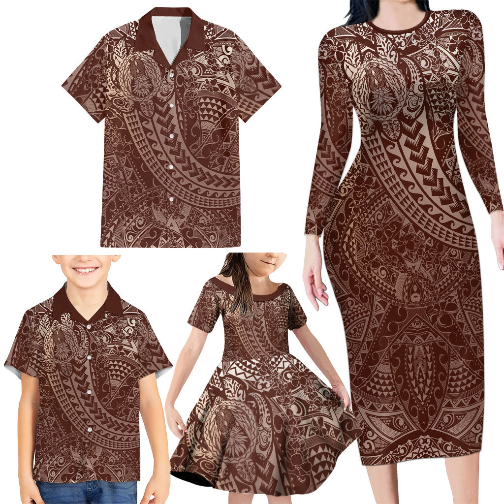 Hawaiian Turtles and Leis Family Matching Long Sleeve Bodycon Dress and Hawaiian Shirt Tribal Kakau Pattern Mocha Mousse Color
