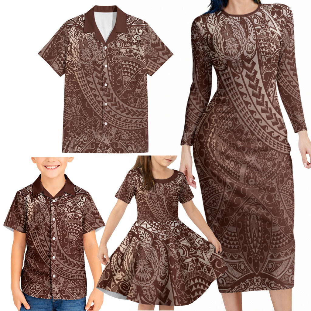 Hawaiian Turtles and Leis Family Matching Long Sleeve Bodycon Dress and Hawaiian Shirt Tribal Kakau Pattern Mocha Mousse Color LT03 - Polynesian Pride