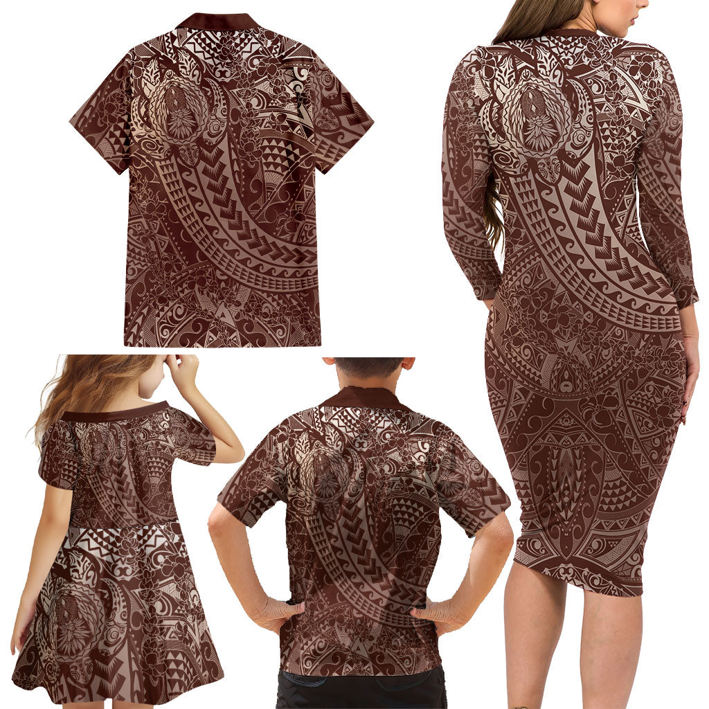 Hawaiian Turtles and Leis Family Matching Long Sleeve Bodycon Dress and Hawaiian Shirt Tribal Kakau Pattern Mocha Mousse Color