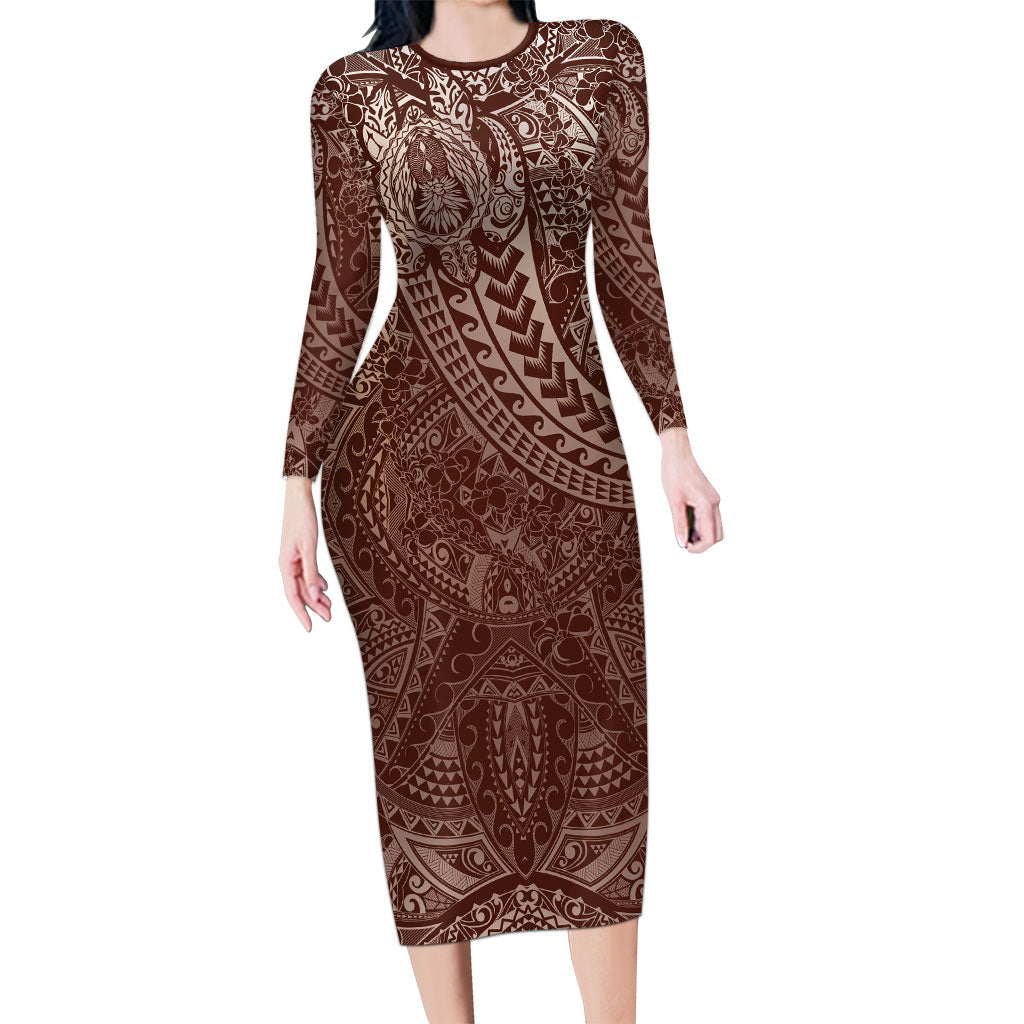 Hawaiian Turtles and Leis Family Matching Long Sleeve Bodycon Dress and Hawaiian Shirt Tribal Kakau Pattern Mocha Mousse Color