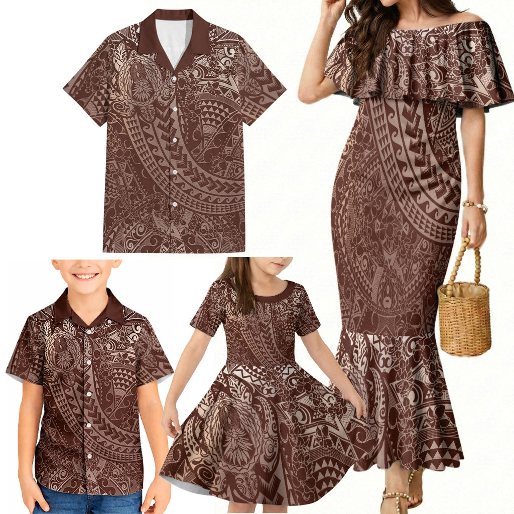 Hawaiian Turtles and Leis Family Matching Mermaid Dress and Hawaiian Shirt Tribal Kakau Pattern Mocha Mousse Color LT03 - Polynesian Pride
