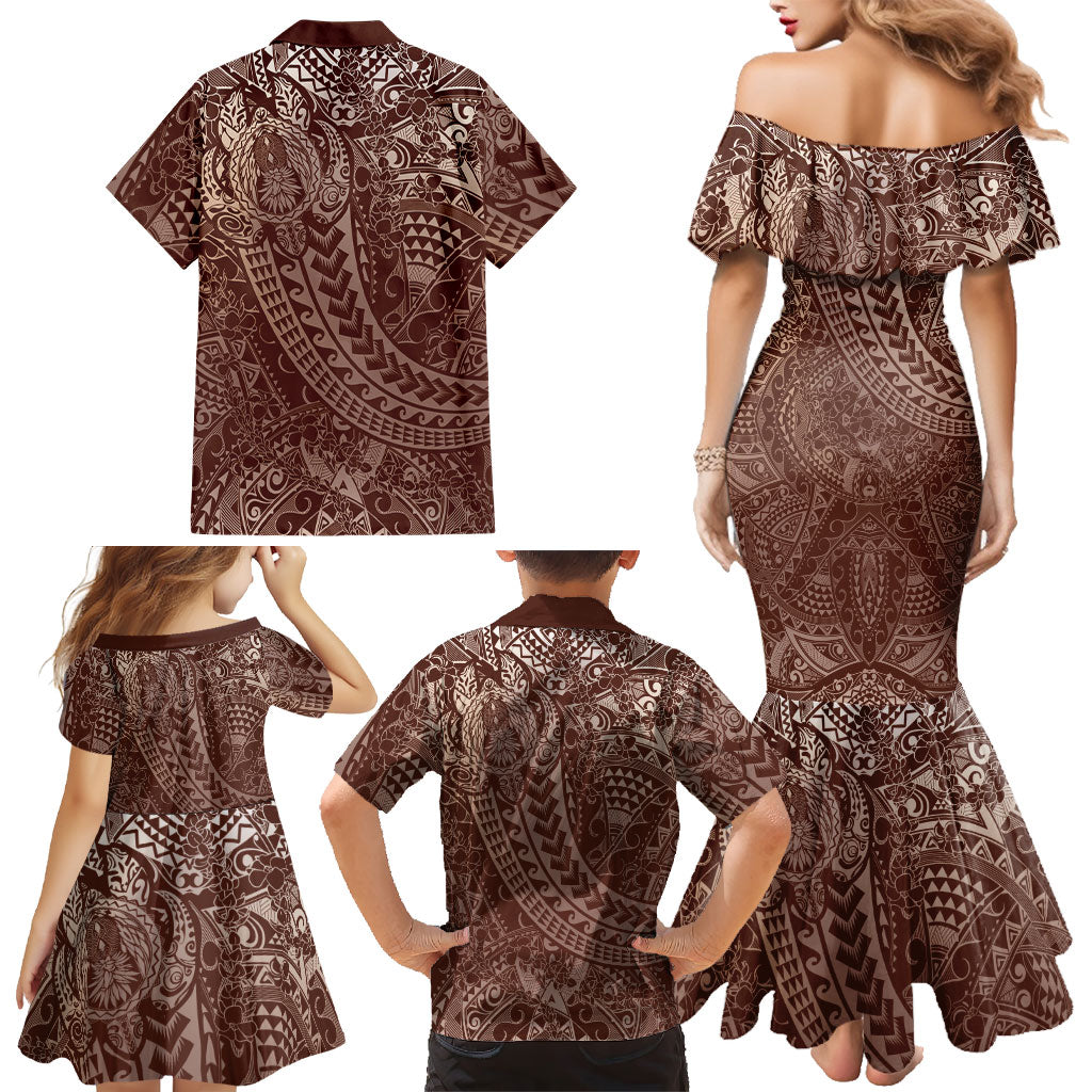 Hawaiian Turtles and Leis Family Matching Mermaid Dress and Hawaiian Shirt Tribal Kakau Pattern Mocha Mousse Color