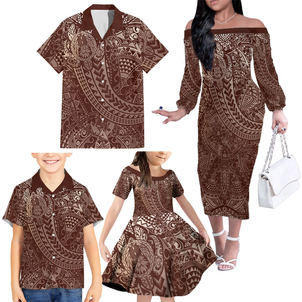 Hawaiian Turtles and Leis Family Matching Off The Shoulder Long Sleeve Dress and Hawaiian Shirt Tribal Kakau Pattern Mocha Mousse Color