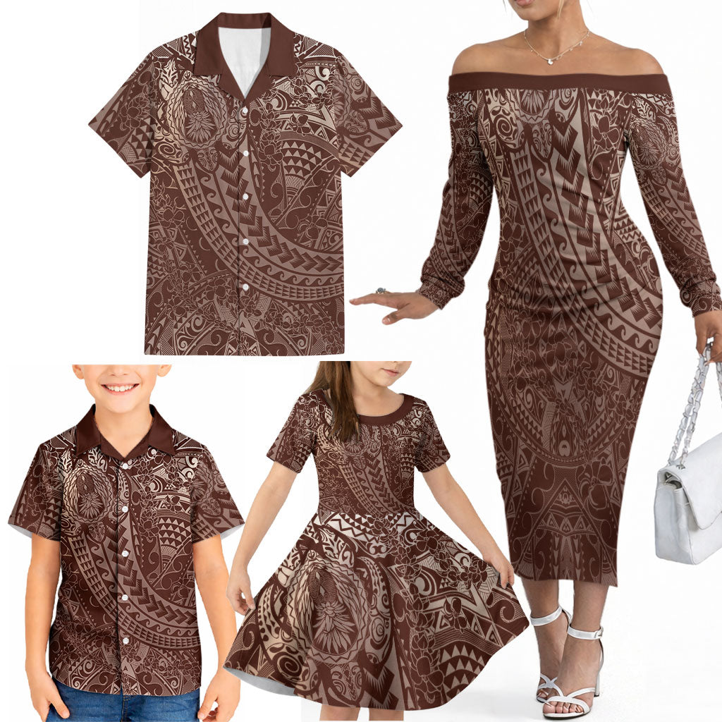 Hawaiian Turtles and Leis Family Matching Off The Shoulder Long Sleeve Dress and Hawaiian Shirt Tribal Kakau Pattern Mocha Mousse Color LT03 - Polynesian Pride