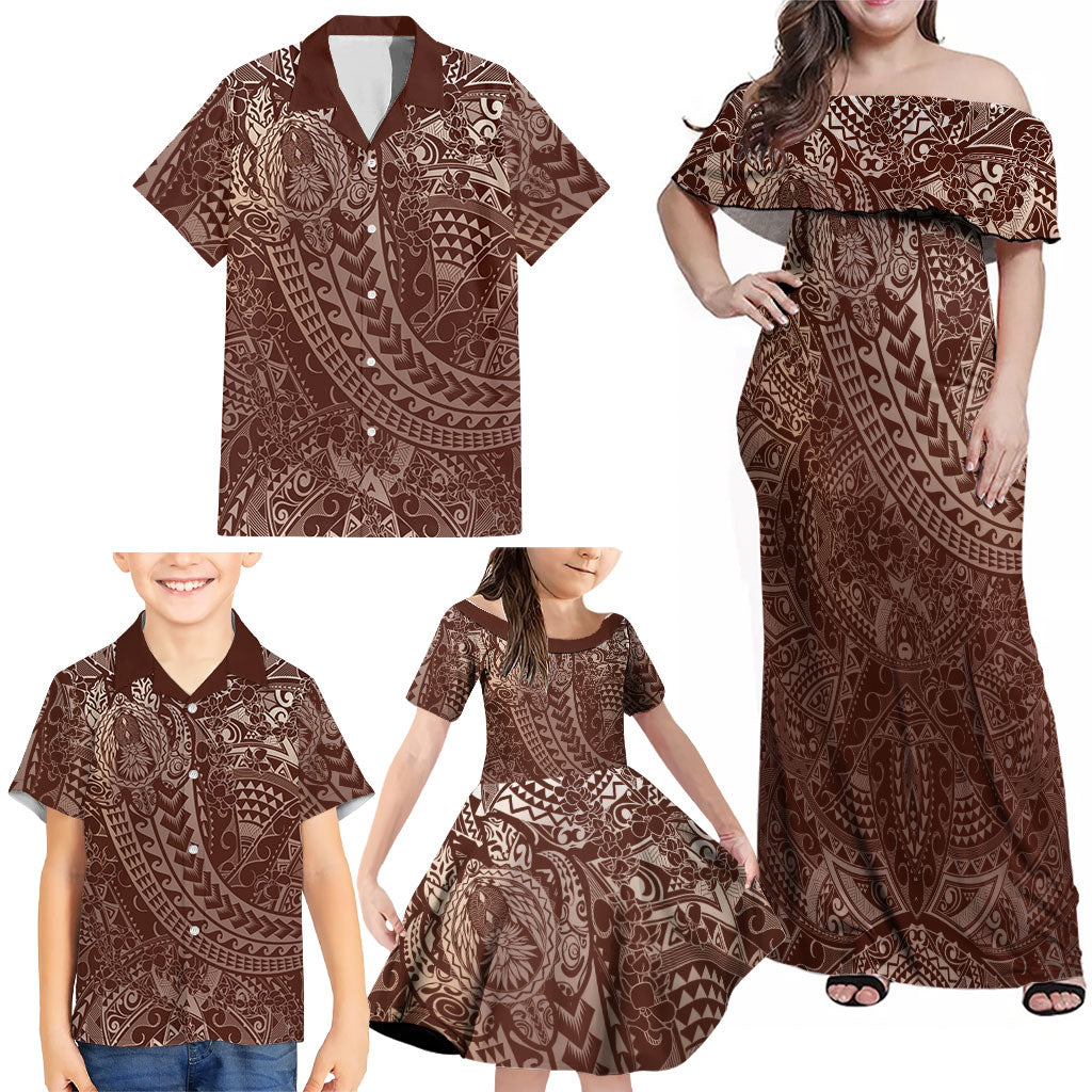 Hawaiian Turtles and Leis Family Matching Off Shoulder Maxi Dress and Hawaiian Shirt Tribal Kakau Pattern Mocha Mousse Color