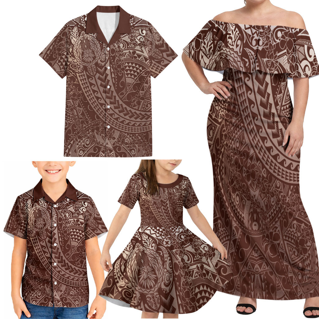 Hawaiian Turtles and Leis Family Matching Off Shoulder Maxi Dress and Hawaiian Shirt Tribal Kakau Pattern Mocha Mousse Color LT03 - Polynesian Pride
