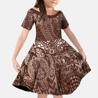 Hawaiian Turtles and Leis Family Matching Off Shoulder Short Dress and Hawaiian Shirt Tribal Kakau Pattern Mocha Mousse Color