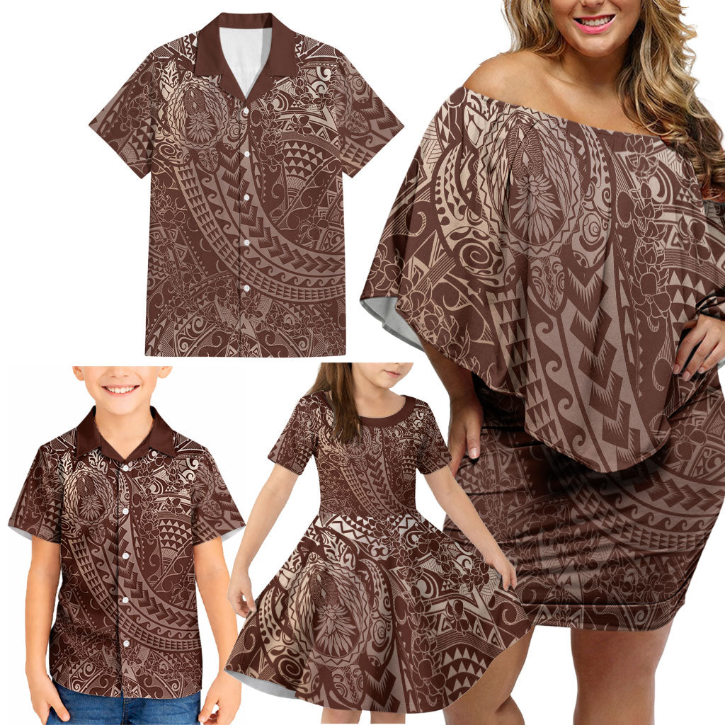 Hawaiian Turtles and Leis Family Matching Off Shoulder Short Dress and Hawaiian Shirt Tribal Kakau Pattern Mocha Mousse Color LT03 - Polynesian Pride