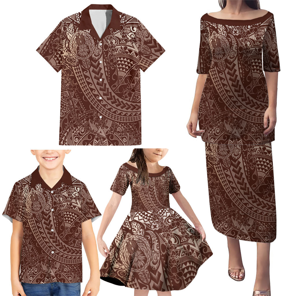 Hawaiian Turtles and Leis Family Matching Puletasi and Hawaiian Shirt Tribal Kakau Pattern Mocha Mousse Color
