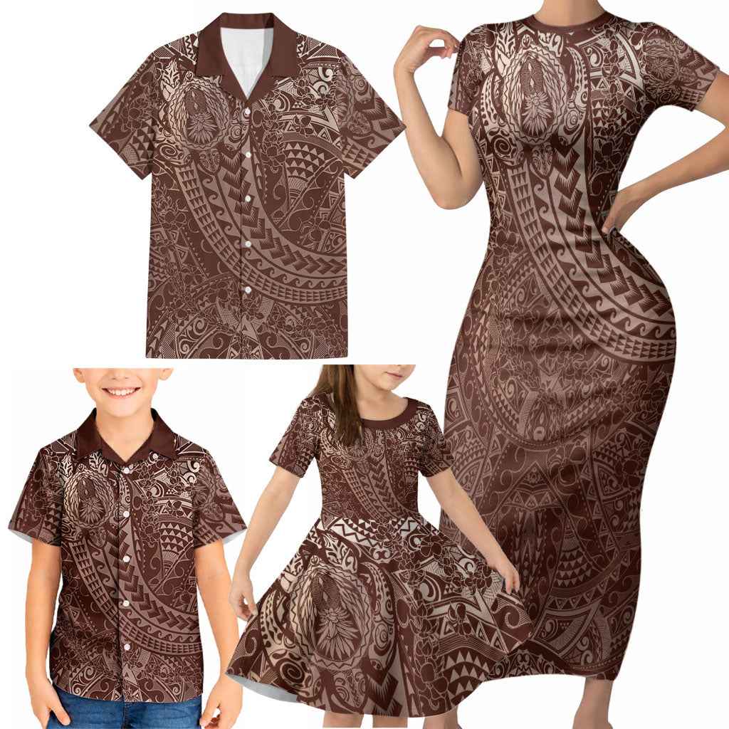 Hawaiian Turtles and Leis Family Matching Short Sleeve Bodycon Dress and Hawaiian Shirt Tribal Kakau Pattern Mocha Mousse Color LT03 - Polynesian Pride