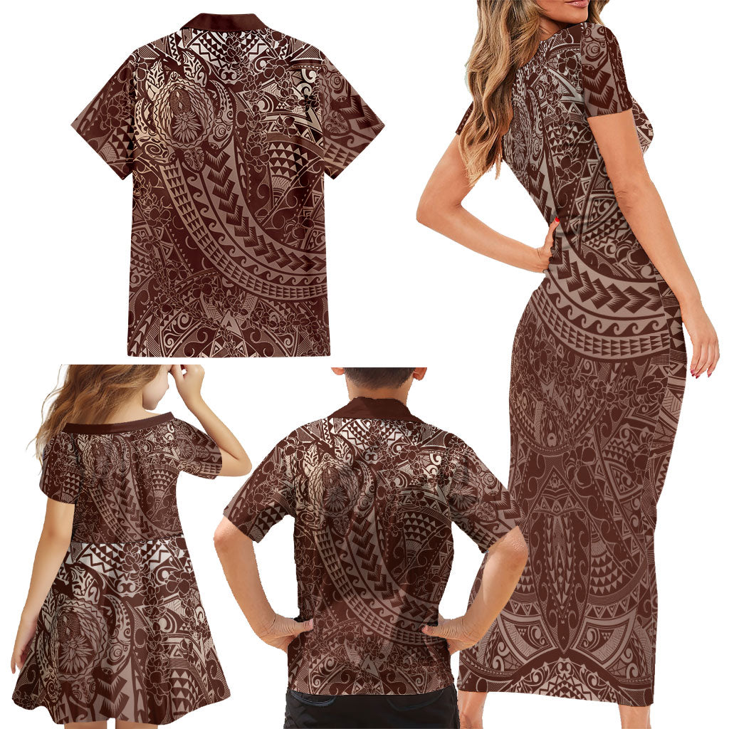 Hawaiian Turtles and Leis Family Matching Short Sleeve Bodycon Dress and Hawaiian Shirt Tribal Kakau Pattern Mocha Mousse Color