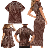 Hawaiian Turtles and Leis Family Matching Short Sleeve Bodycon Dress and Hawaiian Shirt Tribal Kakau Pattern Mocha Mousse Color