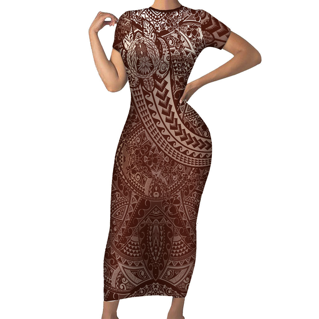 Hawaiian Turtles and Leis Family Matching Short Sleeve Bodycon Dress and Hawaiian Shirt Tribal Kakau Pattern Mocha Mousse Color