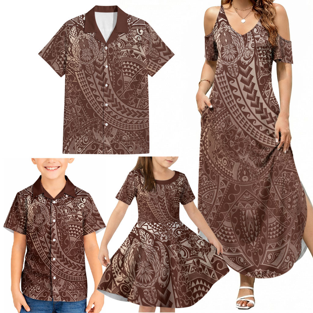 Hawaiian Turtles and Leis Family Matching Summer Maxi Dress and Hawaiian Shirt Tribal Kakau Pattern Mocha Mousse Color LT03 - Polynesian Pride