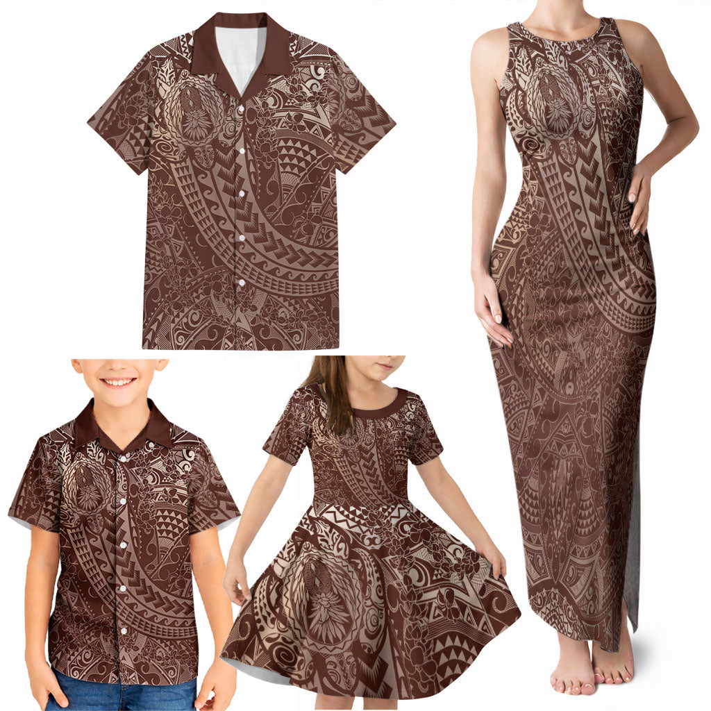 Hawaiian Turtles and Leis Family Matching Tank Maxi Dress and Hawaiian Shirt Tribal Kakau Pattern Mocha Mousse Color LT03 - Polynesian Pride