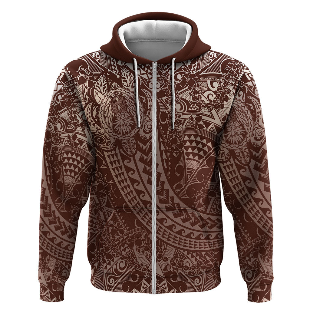 Hawaiian Turtles and Leis Hoodie Tribal Kakau Pattern Mocha Mousse Color
