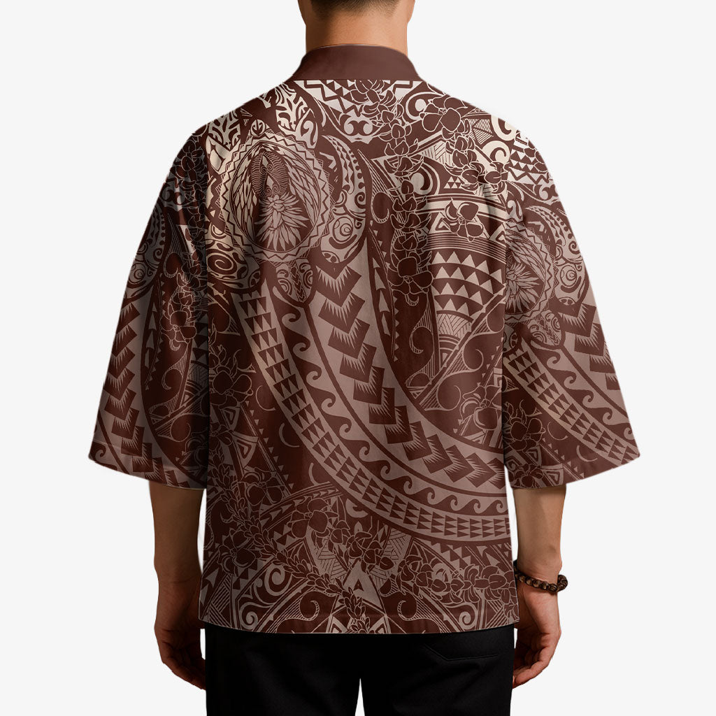 Hawaiian Turtles and Leis Kimono Tribal Kakau Pattern Mocha Mousse Color