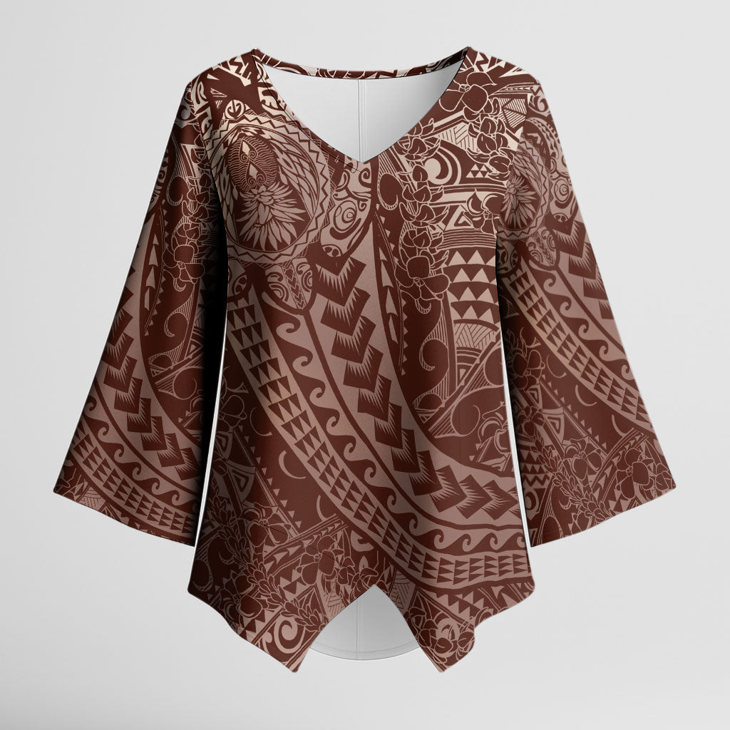 Hawaiian Turtles and Leis Kimono Sleeve Blouse Tribal Kakau Pattern Mocha Mousse Color
