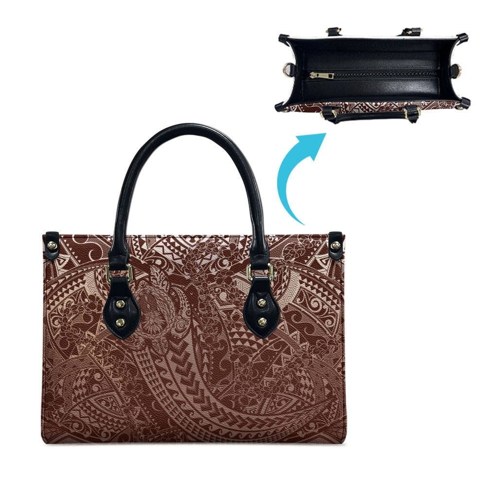 Hawaiian Turtles and Leis Leather Bag Tribal Kakau Pattern Mocha Mousse Color
