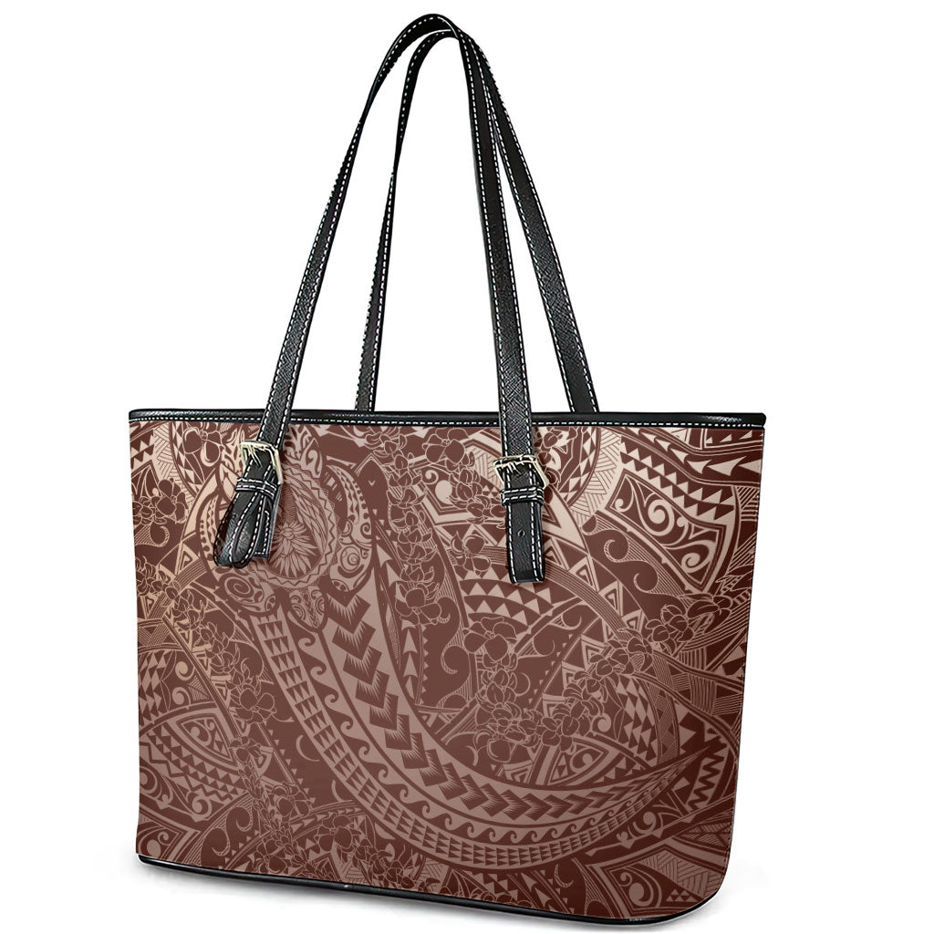 Hawaiian Turtles and Leis Leather Tote Bag Tribal Kakau Pattern Mocha Mousse Color