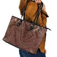 Hawaiian Turtles and Leis Leather Tote Bag Tribal Kakau Pattern Mocha Mousse Color