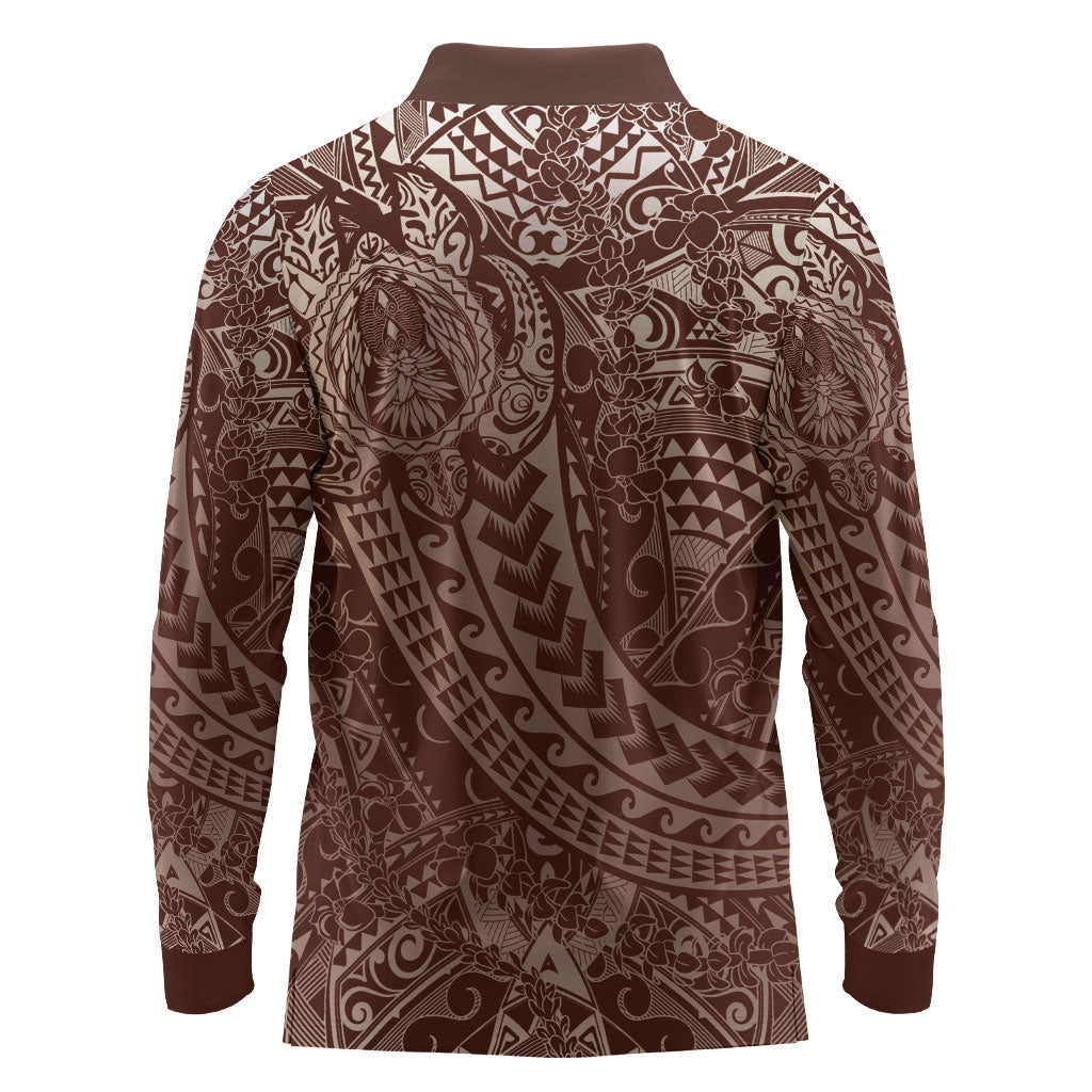Hawaiian Turtles and Leis Long Sleeve Polo Shirt Tribal Kakau Pattern Mocha Mousse Color