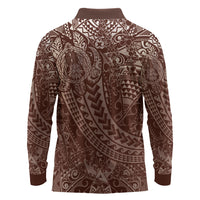 Hawaiian Turtles and Leis Long Sleeve Polo Shirt Tribal Kakau Pattern Mocha Mousse Color