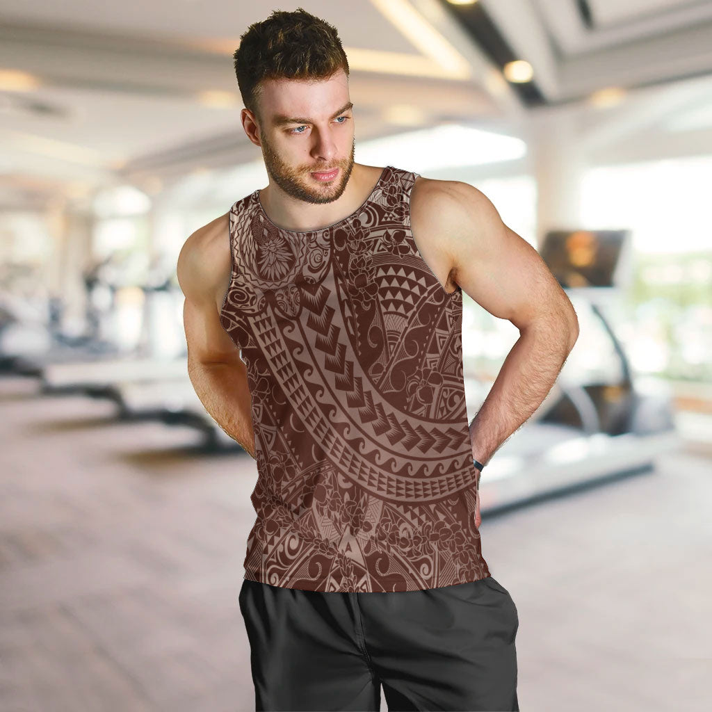 Hawaiian Turtles and Leis Men Tank Top Tribal Kakau Pattern Mocha Mousse Color