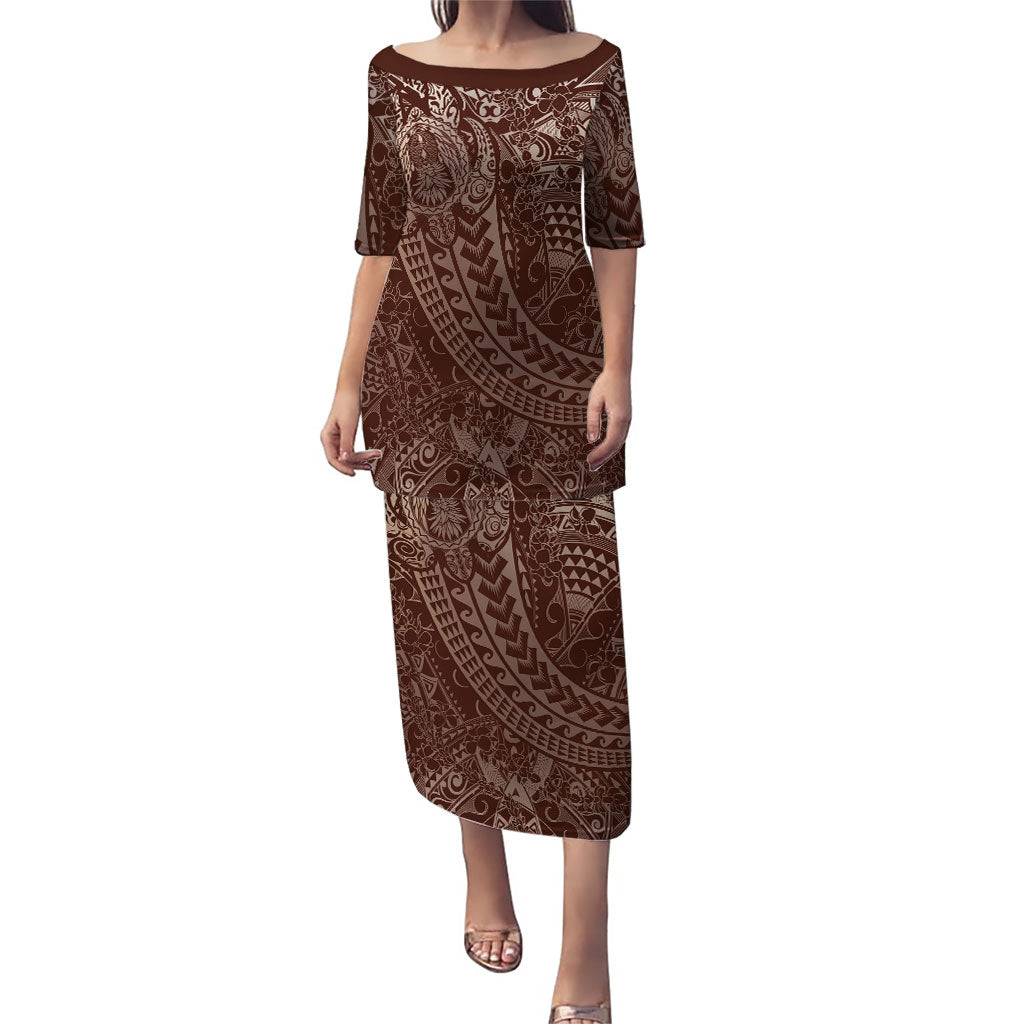 Hawaiian Turtles and Leis Puletasi Tribal Kakau Pattern Mocha Mousse Color