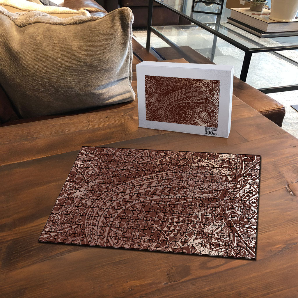 Hawaiian Turtles and Leis Puzzle Tribal Kakau Pattern Mocha Mousse Color
