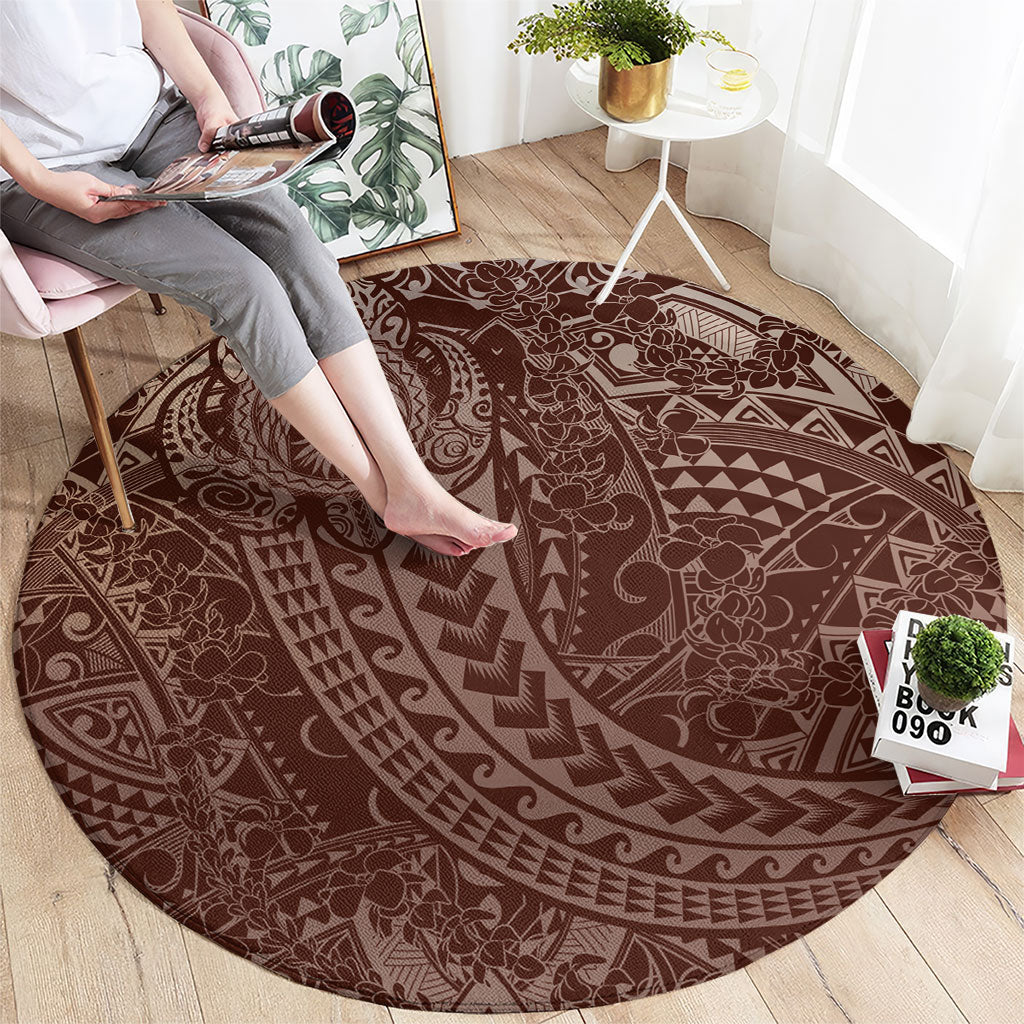 Hawaiian Turtles and Leis Round Carpet Tribal Kakau Pattern Mocha Mousse Color