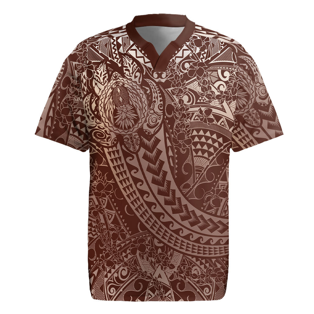 Hawaiian Turtles and Leis Rugby Jersey Tribal Kakau Pattern Mocha Mousse Color