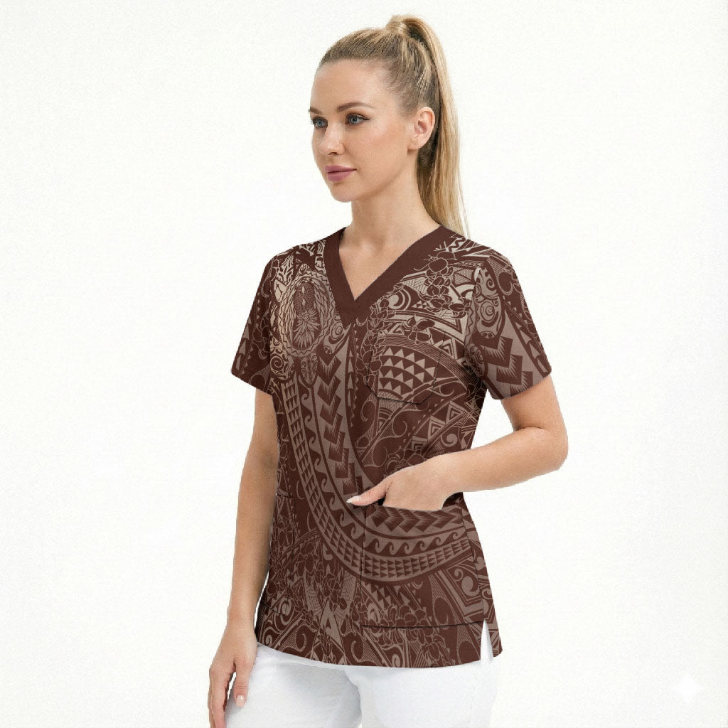 Hawaiian Turtles and Leis Scrub Top Tribal Kakau Pattern Mocha Mousse Color