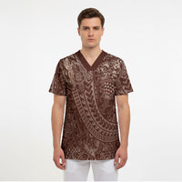 Hawaiian Turtles and Leis Scrub Top Tribal Kakau Pattern Mocha Mousse Color