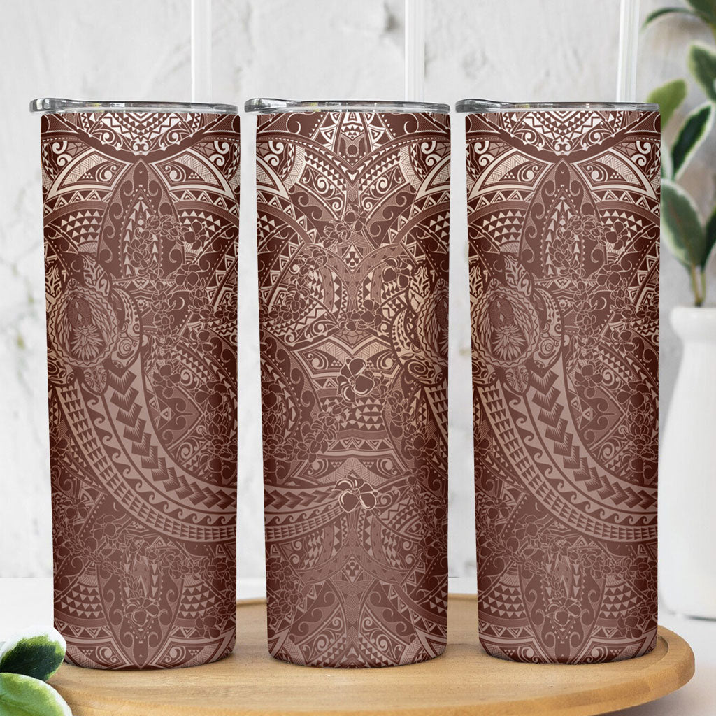 Hawaiian Turtles and Leis Skinny Tumbler Tribal Kakau Pattern Mocha Mousse Color