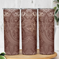 Hawaiian Turtles and Leis Skinny Tumbler Tribal Kakau Pattern Mocha Mousse Color