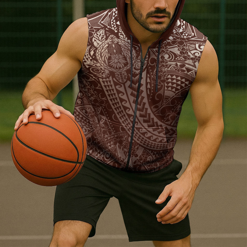 Hawaiian Turtles and Leis Sleeveless Zip Hoodie Tribal Kakau Pattern Mocha Mousse Color