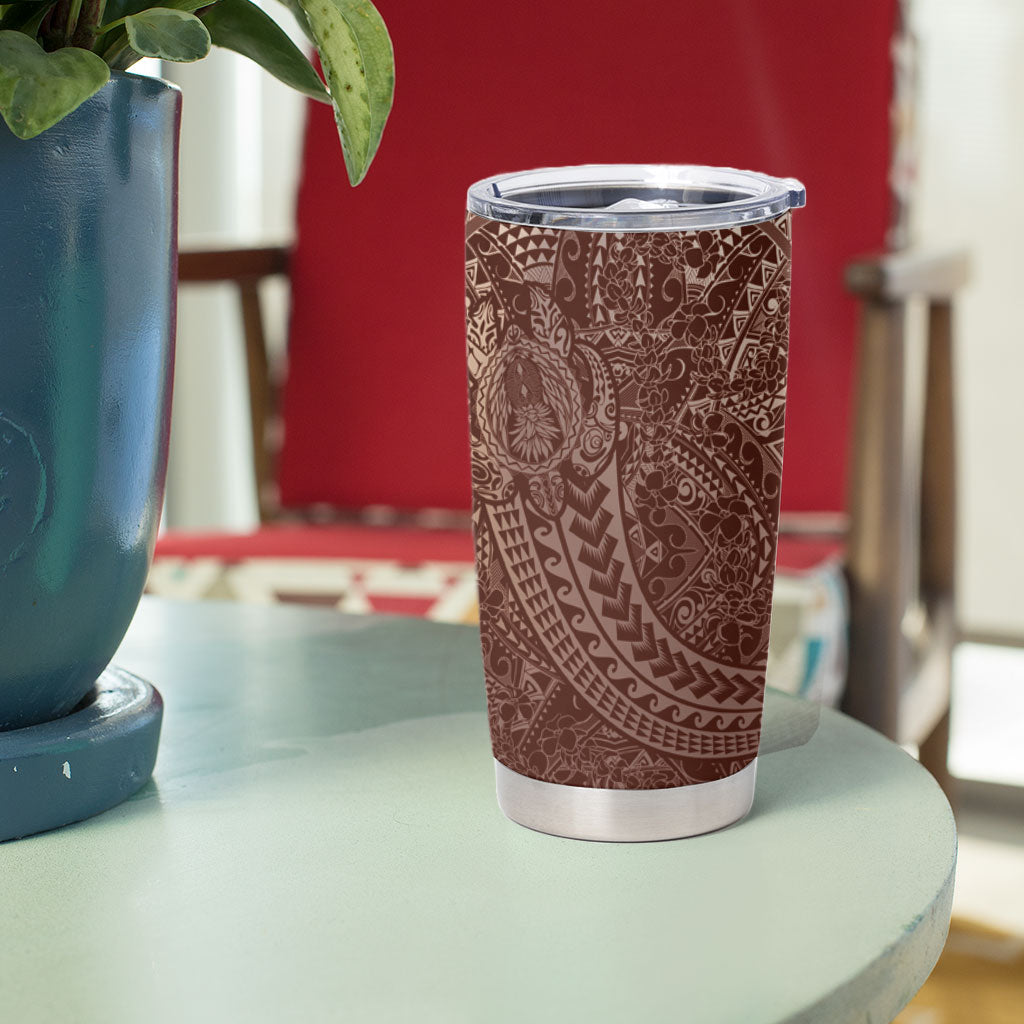 Hawaiian Turtles and Leis Tumbler Cup Tribal Kakau Pattern Mocha Mousse Color