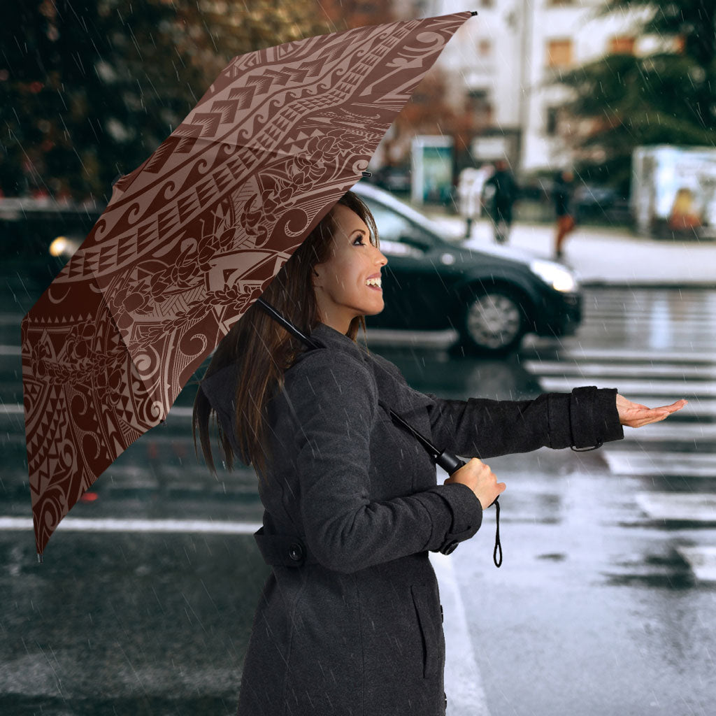 Hawaiian Turtles and Leis Umbrella Tribal Kakau Pattern Mocha Mousse Color