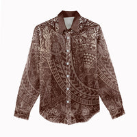 Hawaiian Turtles and Leis Women Casual Shirt Tribal Kakau Pattern Mocha Mousse Color