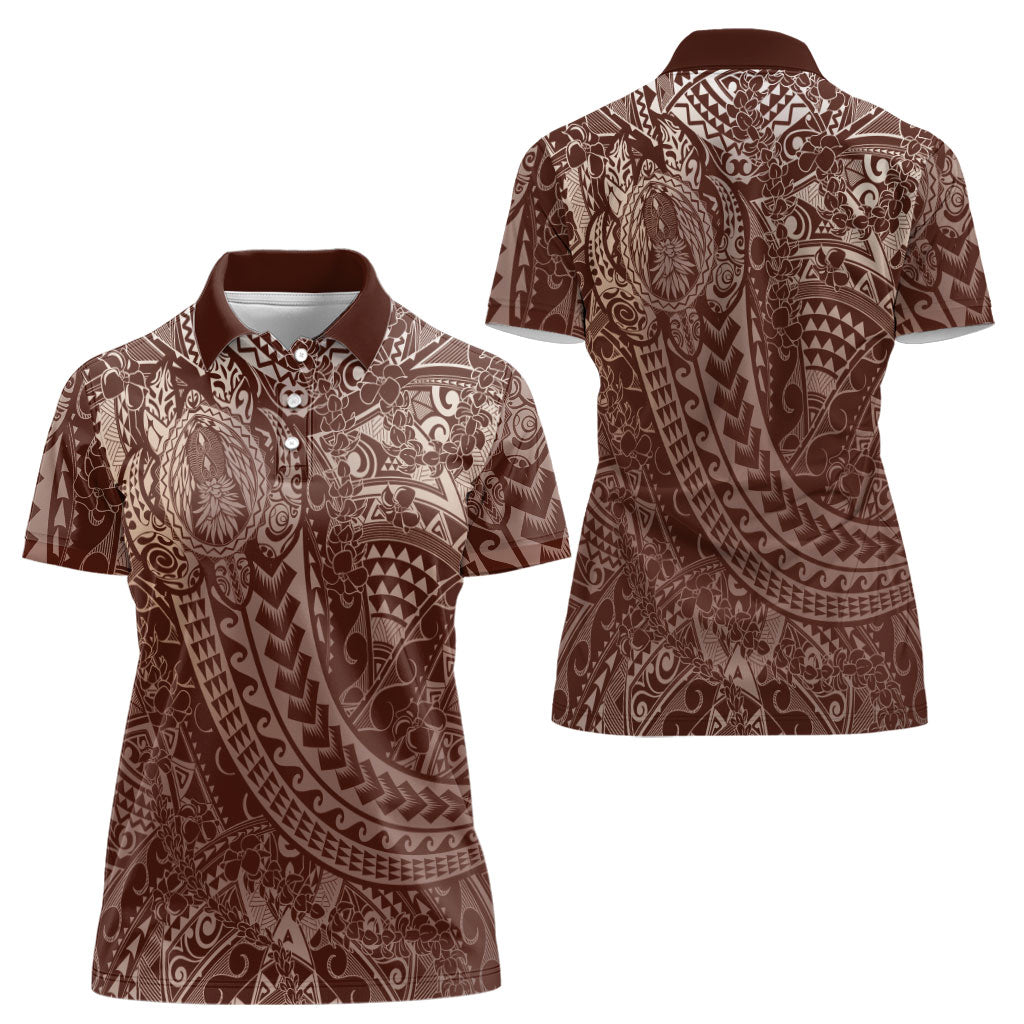 Hawaiian Turtles and Leis Women Polo Shirt Tribal Kakau Pattern Mocha Mousse Color