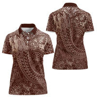 Hawaiian Turtles and Leis Women Polo Shirt Tribal Kakau Pattern Mocha Mousse Color