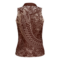 Hawaiian Turtles and Leis Women Sleeveless Polo Shirt Tribal Kakau Pattern Mocha Mousse Color