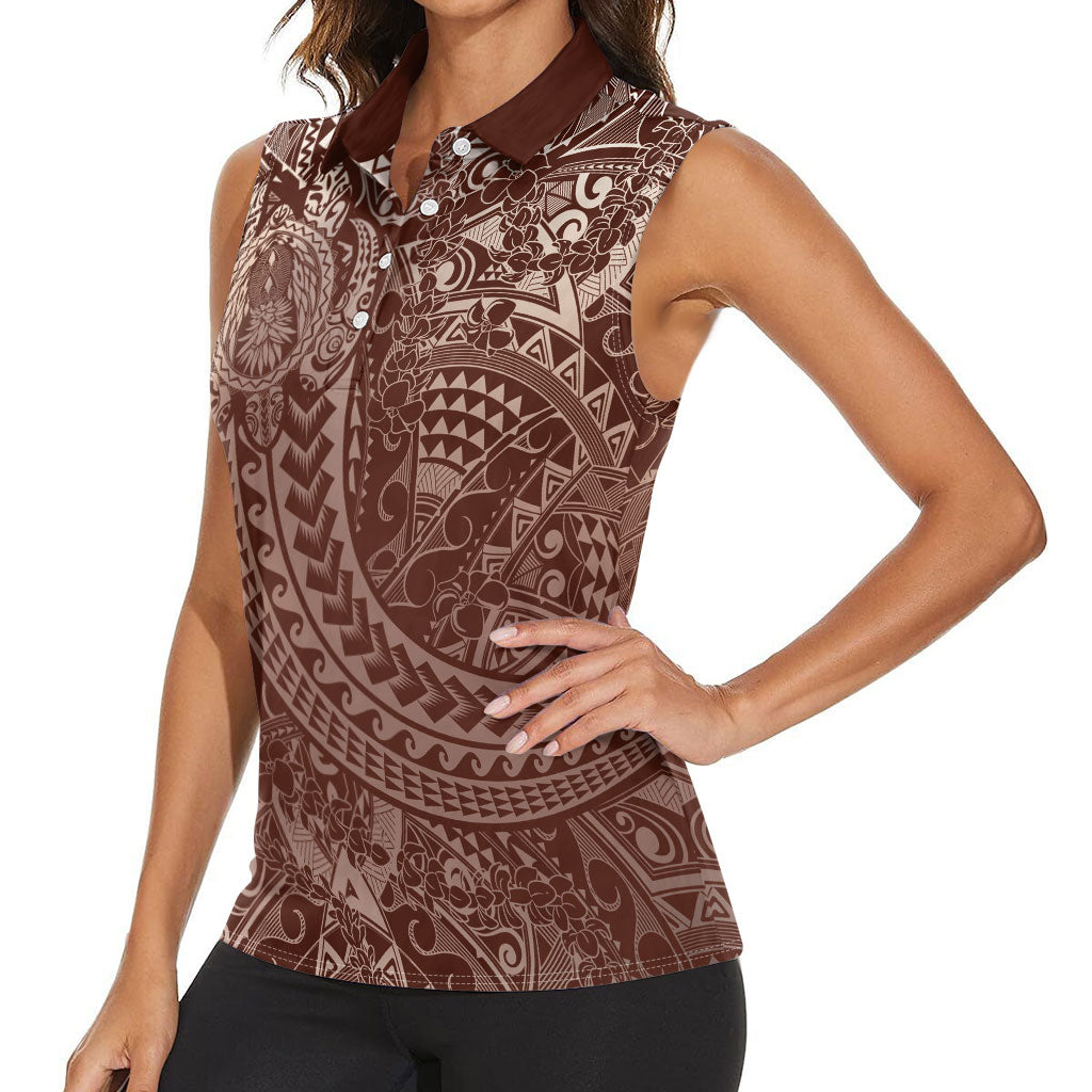 Hawaiian Turtles and Leis Women Sleeveless Polo Shirt Tribal Kakau Pattern Mocha Mousse Color