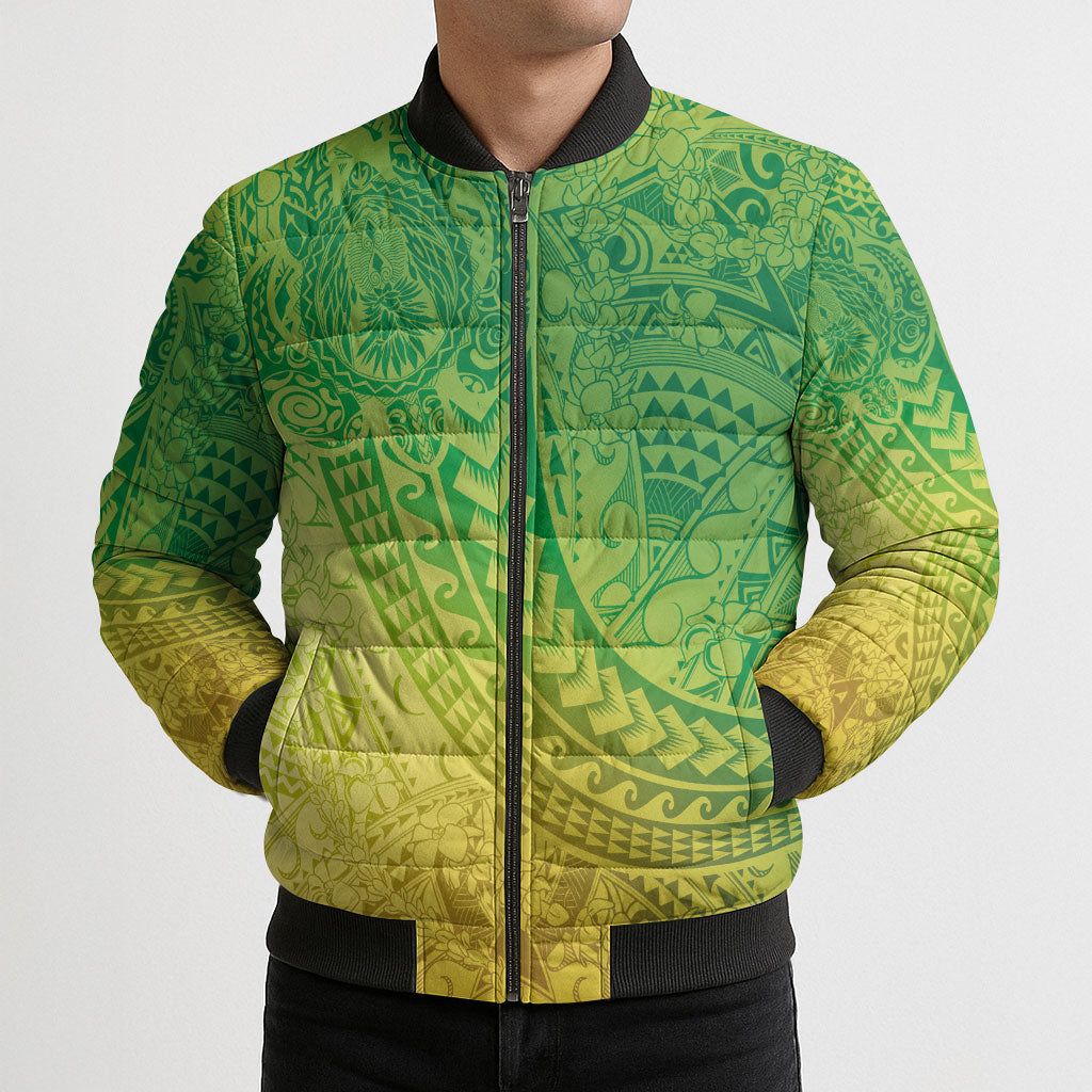 Hawaiian Turtles and Leis Bomber Puffer Jacket Tribal Kakau Pattern Fresh Summer Vibe