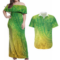 Hawaiian Turtles and Leis Couples Matching Off Shoulder Maxi Dress and Hawaiian Shirt Tribal Kakau Pattern Fresh Summer Vibe