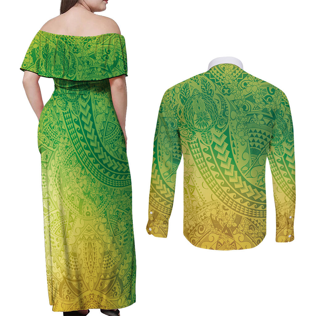 Hawaiian Turtles and Leis Couples Matching Off Shoulder Maxi Dress and Long Sleeve Button Shirt Tribal Kakau Pattern Fresh Summer Vibe
