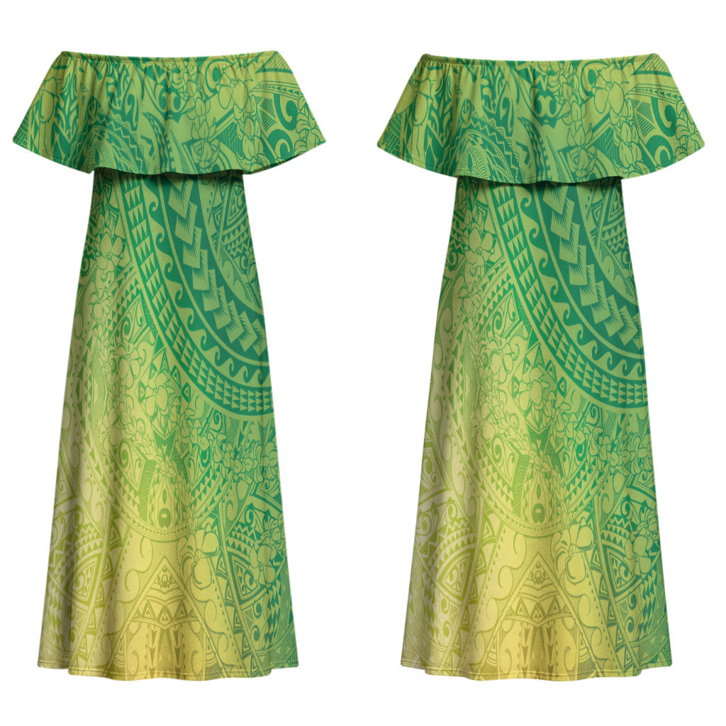 Hawaiian Turtles and Leis Couples Matching Off Shoulder Maxi Dress and Long Sleeve Button Shirt Tribal Kakau Pattern Fresh Summer Vibe LT03 - Polynesian Pride